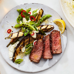 Grilled Steak With Peas And Eggplant