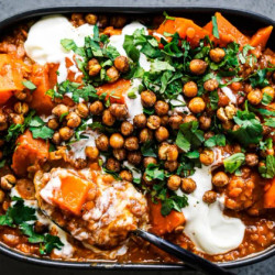 Sweet Potato And Lentil Curry With Roasted Spiced Chickpeas