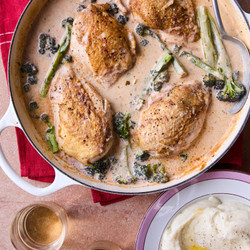 Creamy Chicken, Purple Sprouting Broccoli And Mustard Fricassée