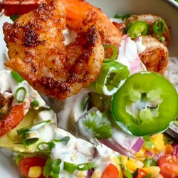 Grilled Shrimp Bowl &amp; Corn Salsa With Creamy Garlic Sauce