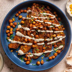 Tahini Butter Chickpeas Over Caramelized Sweet Potatoes