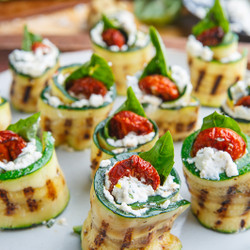 Grilled Zucchini Rollups Stuffed With Lemon-basil Ricotta And Slow Roasted Tomatoes