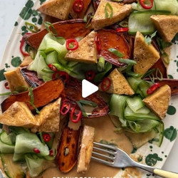 Glazed Sticky Sweet Potatoes With Crispy Tofu And Peanut Sauce