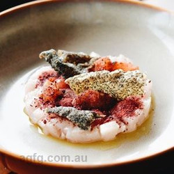 Kingfish Crudo, Yellow Peach, Davidson Plum And Torched Tomato - Chef Recipe By Jayden Barker