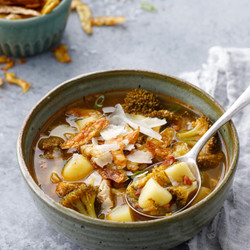 Brothy Broccoli &amp; Potato Soup With Crispy Potato Skins