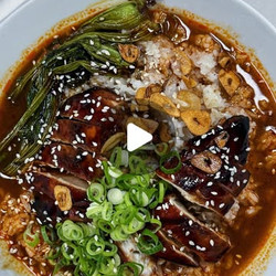 Sticky Soy Chicken With Garlic Rice In A Spicy Broth