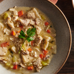 Chicken And Dumplings With Cucumber And Onion Salad