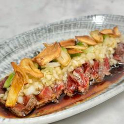 Beef Fillet Tataki With Onion Ponzu Salsa And Garlic