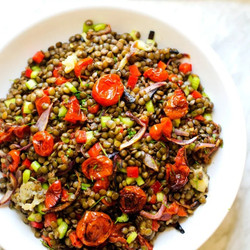 Vegan Green Lentil Salad With Roasted Garlic And Tomato