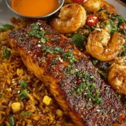 Honey Garlic Salmon With Spicy Shrimp Fried Rice And Creamy Chili Sauce