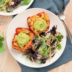 Taco Chicken Stuffed Peppers With Guacamole &amp; Cilantro Ranch Greens