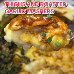 Peri Peri Chicken Thighs With Roasted Garlic Mashers And Charred Broccolini