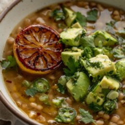 Charred Lemon Brothy Beans With Avocado Scallion Salsa