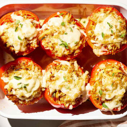 Caramelized Red Pepper Orzo And Chicken Stuffed Peppers