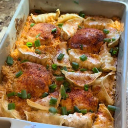 Sticky Soy Chicken + Crispy Potsticker Rice Bake