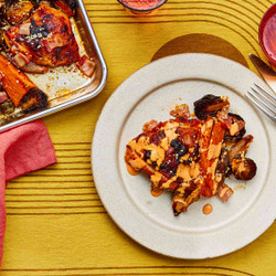 We're Feeling Fall With This Easy Sheet-pan Roasted Chicken, Sweet Potatoes, And Brussels Sprouts Recipe