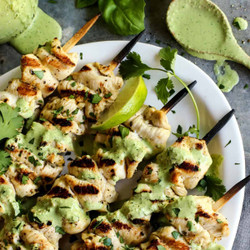 Grilled Chicken Skewers With Green Curry Yogurt Sauce