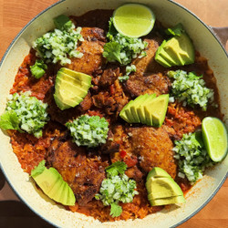 One-pan Coconut Lime Chicken and Rice with Avocado Salsa