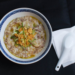 Brown Rice Congee With Beef, Shiitake, And Garlic Chips Recipe