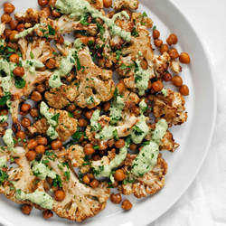 Roasted Cauliflower And Chickpeas With Herby Tahini