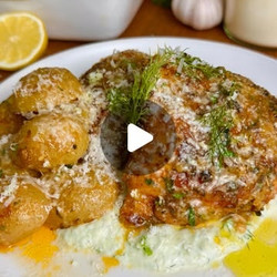 One-pan Greek Parmesan Chicken &amp; Potatoes With Roasted Garlic Tzaziki