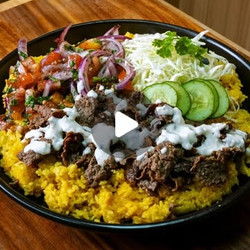 Shawarma Rice Bowl mains. Kebab meat.