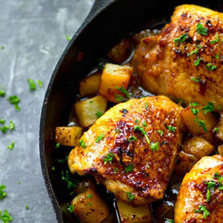Skillet Honey Garlic Chicken Thighs With Roast Potatoes