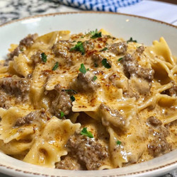 Creamy Parmesan Garlic Beef Bowtie Pasta