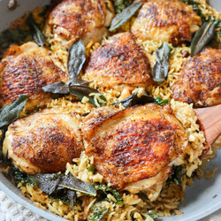 One Pan Garlic And Sage Chicken Thighs And Rice