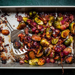 Roasted Brussel Sprouts And Grapes With Bacon