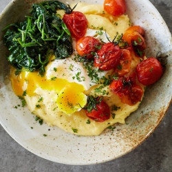 Poached Egg And Roasted Tomatoes With Goats Cheese And Polenta