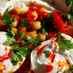 Turkish Eggs With Roast Jammy Tomatoes &amp; Chickpeas