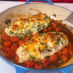 Hasselback chicken with balsamic &amp; herb roasted tomatoes