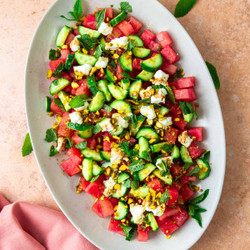 Watermelon Goat Cheese Salad With Cucumber And Pistachios