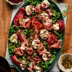 Burrata, Prosciutto And Red Wine Poached Pear Salad