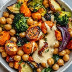 Roasted Veggie &amp; Chickpea Bowls With Maple Dijon Tahini Dressing