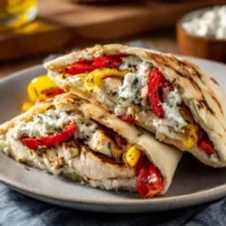Lemon-garlic Chicken Pitas With Feta Tzatziki &amp; Roasted Bell Peppers