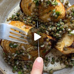 Roasted White Cabbage With A Lentil Chimichurri And The Best Tahini Sauce