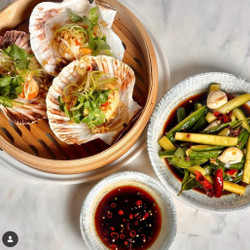 Steamed Cantonese Scallops With Garlic Sauce, Glass Noodles And Pickled Cucumbers seafood Saturday kitchen
