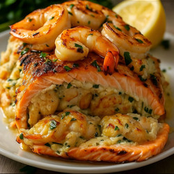 Shrimp-stuffed Salmon in Lemon garlic butter sauce