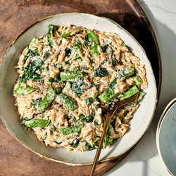 Creamy Lemon Orzo With Spinach &amp; Snap Peas