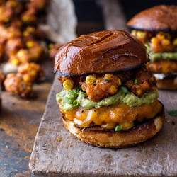 Smoky Chipotle Cheddar Burgers With Mexican Street Corn Fritters.