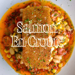 Sourdough Encrusted Salmon With White Bean And Corn Succotash And Harissa Dressing