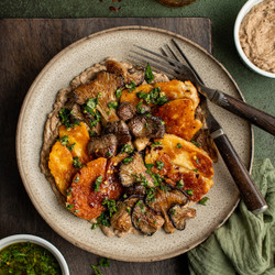 Mushrooms And Halloumi With Babaghanoush
