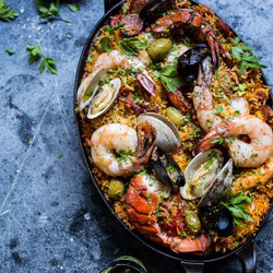 Skillet Grilled Seafood And Chorizo Paella.