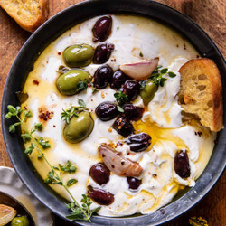 Honey Whipped Feta With Garlic Herb Roasted Olives