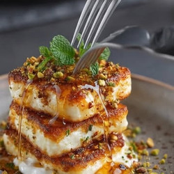 Crispy Halloumi Stacks With Whipped Feta, Pistachios &amp; Hot Honey