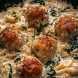 Creamy Lemon Chicken Ricotta Meatballs With Spinach &amp; Garlic Orzo