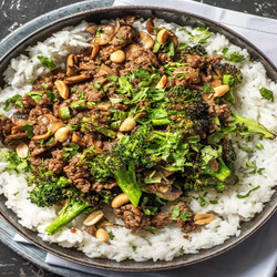 Bulgogi Style Lamb With Roasted Broccoli, Mushrooms And Jasmine Rice