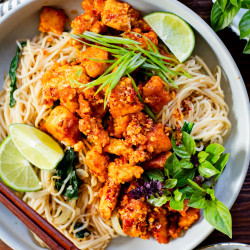 Chili Crunch Tofu &amp; Spinach Rice Noodles